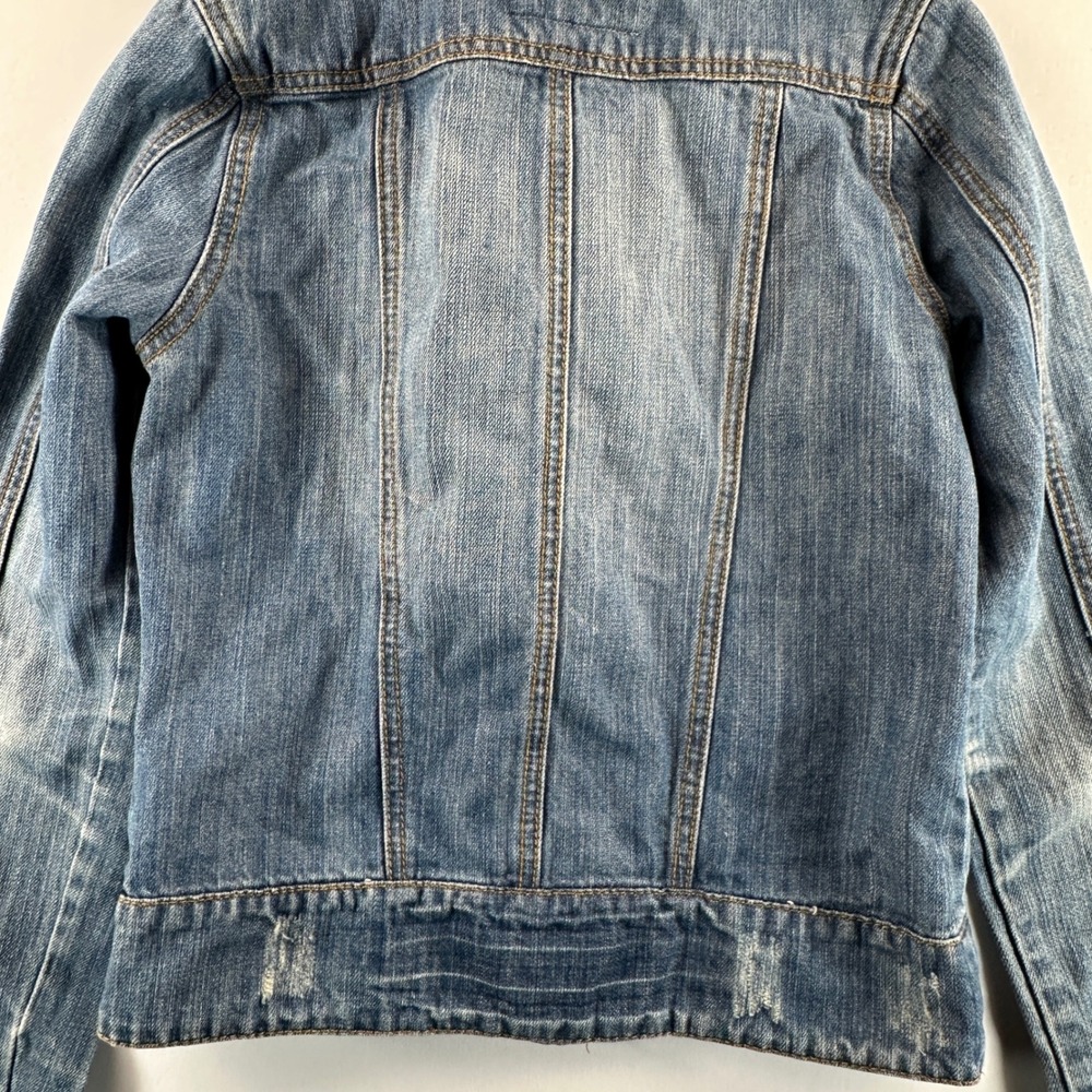 Billabong Womens Denim Moto Jacket Distressed Blue Zipper Sleeve Retro Sz Medium - Picture 13 of 14